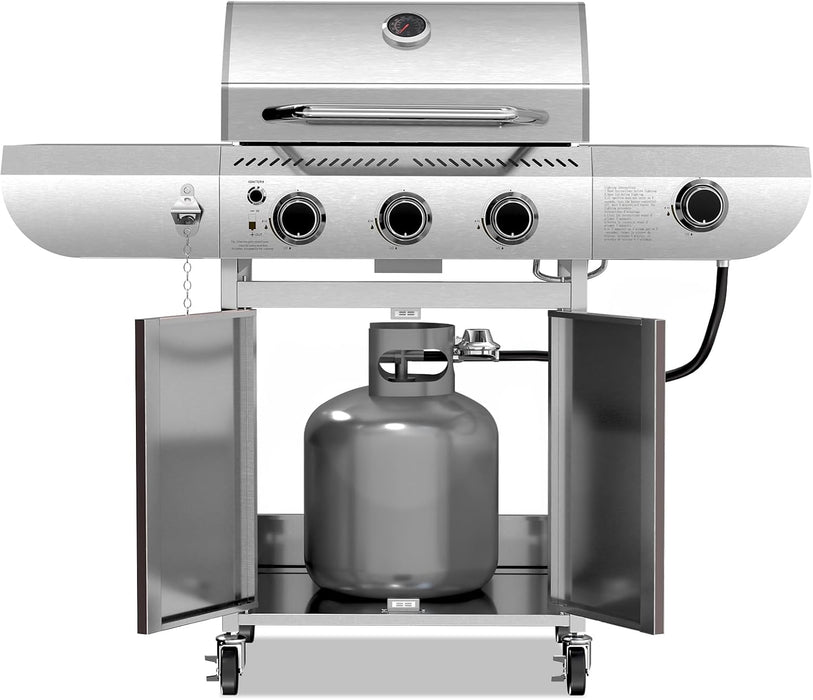 3-Burner Propane Gas Grill with Sider Burner, Stainless Steel Propane Grill 34,000BTU, Multifunction & Protable Outdoor Barbecue Grill with Casters for Camping & Parties