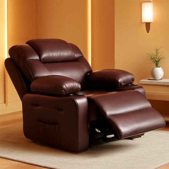 Leather Recliner Chair, Manual Recliner W/Comfortable Arms and Cup Holders for Living Room CF8011 - Brown, Medium