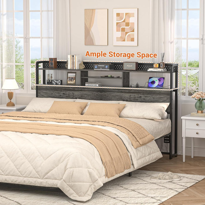 Headboard for King Size Bed with Storage Shelf, Head Board with 3 Outlets and 2 USB Ports, Headboards with RGB LED Light, Height Adjustable, Sturdy and Stable, Easy Assembly, Black Oak