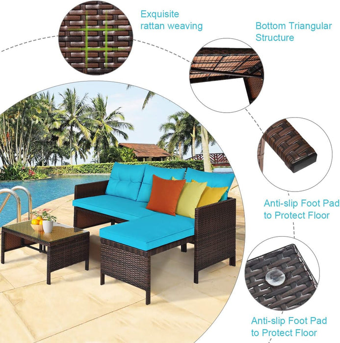 Patio Corner Sofa Set 3 Piece, Outdoor Rattan Sofa Set, Includes Lounge Chaise, Loveseat & Coffee Table, Patio Garden Poolside Lawn Backyard Furniture