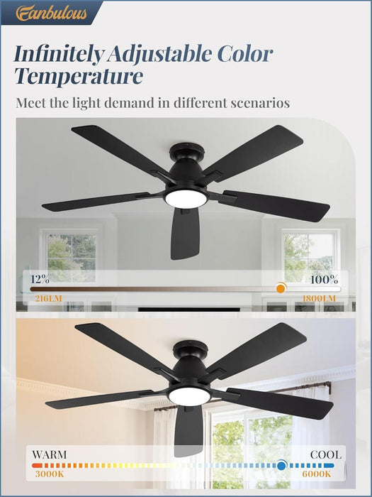 52 Inch Ceiling Fans with Lights, Smart Flush Mount Ceiling Fan and Remote APP, Modern Low Profile, 3CCT 20W LED with 6-Speeds Quiet Reversible Motor for Bedroom, Living Room, Kitchen, Black
