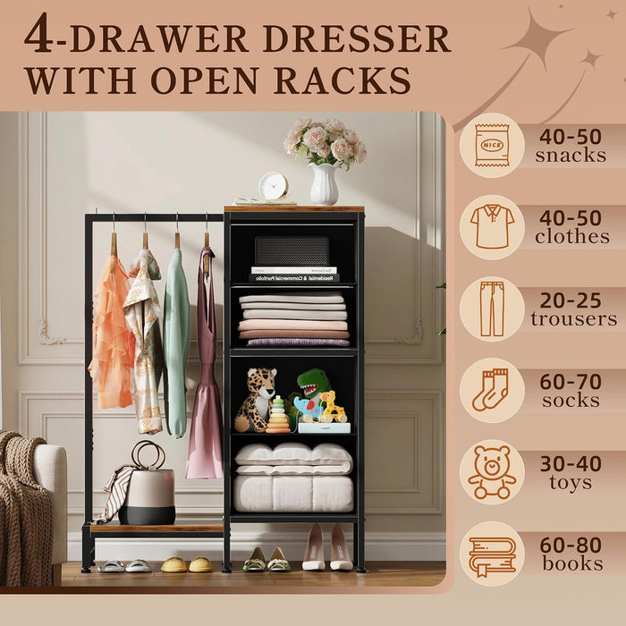 Tall Dresser 44''H with Hanging Rack, 4 Drawers Small Closet Dresser for Bedroom, Reversible Fabric Chest of Drawers with Clothes Rack, Tall Storage Tower, Sturdy Frame, Rustic Brown