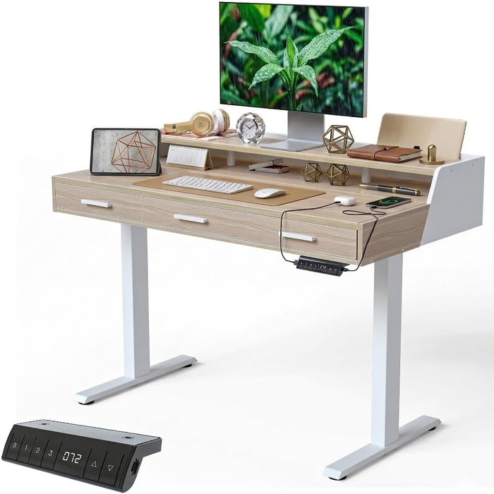 One-Piece Standing Desk 48X26 with 3 Wood Drawers, Light Walnut