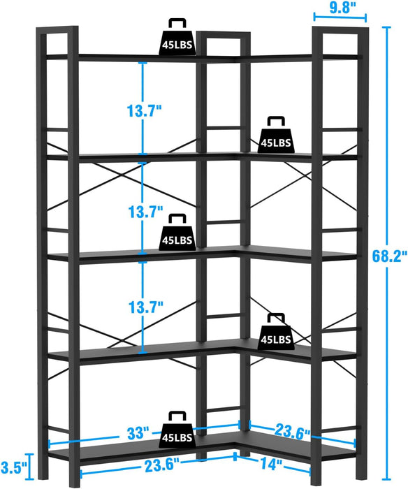 5-Shelf Corner Bookshelf, 68.5" L-Shaped Open Bookcase, Black