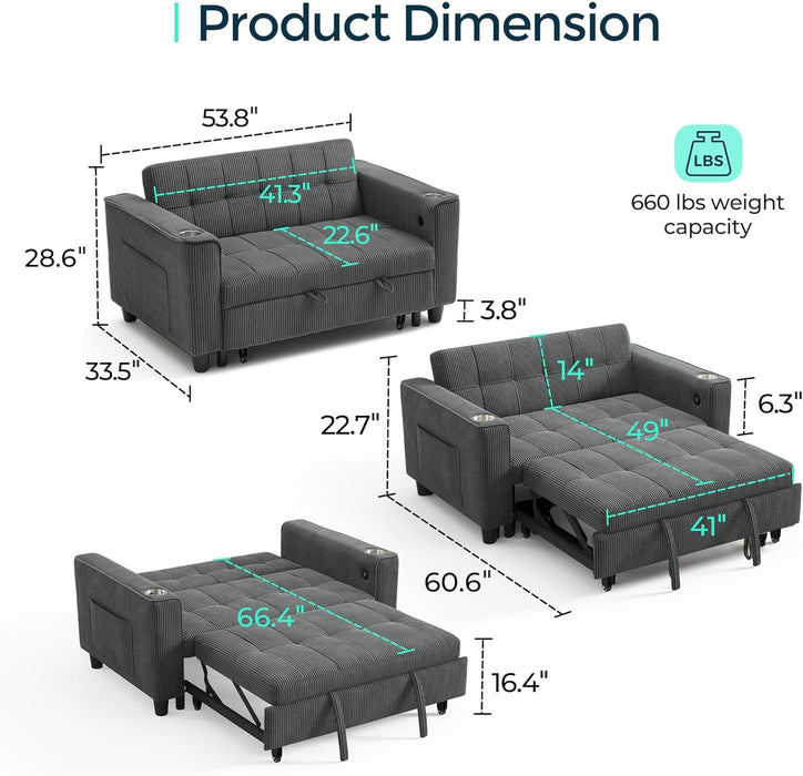 Corduroy Gray 54 Inch Multifunctional Sleeper Sofa