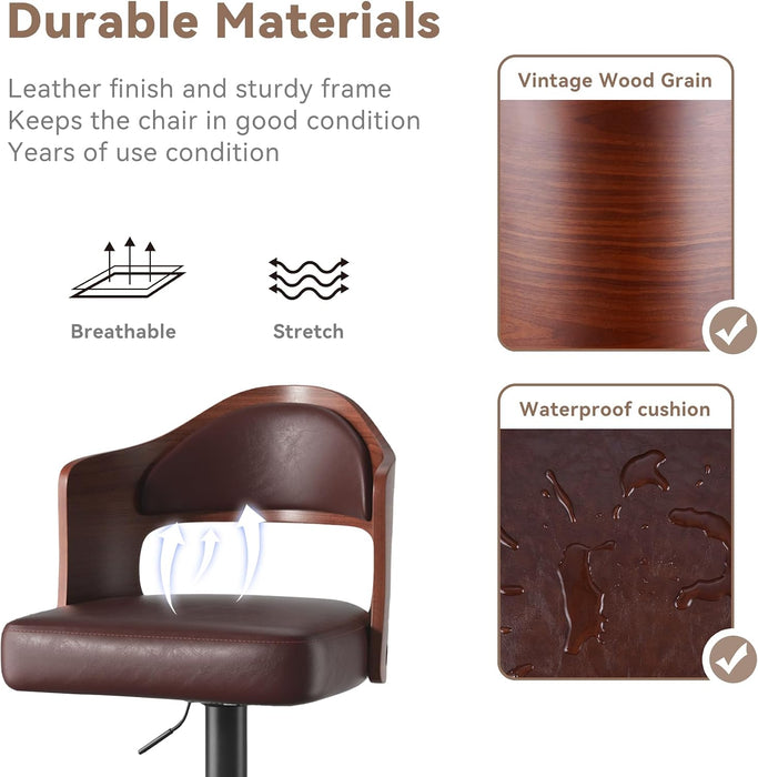 Swivel Bar Stools Set of 3,Bentwood Adjustable Height Barstools | Upholstered Seat,Easy-Clean PU Leather,Back& Footrest, Mid Century Modern Bar Chair for Counter, Kitchen Island, Brown
