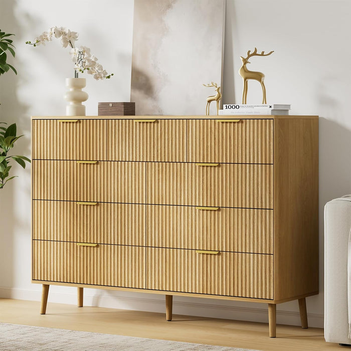Fluted 9 Drawer Dresser for Bedroom, 55" Wide Modern Chest of Drawers with Curved Profile Design and Metal Handles, Wood Dresser TV Stand & Storage Organizer for Bedroom, Hallway, Oak