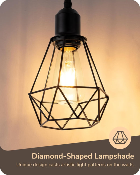 70IN Farmhouse Floor Lamps for Living Room, Dimmable Industrial Tall Standing Lamps 3 LED Edison Bulbs Included, Diamond-Shaped Cage, Rustic Tree Corner Light for Bedroom, Office, Black