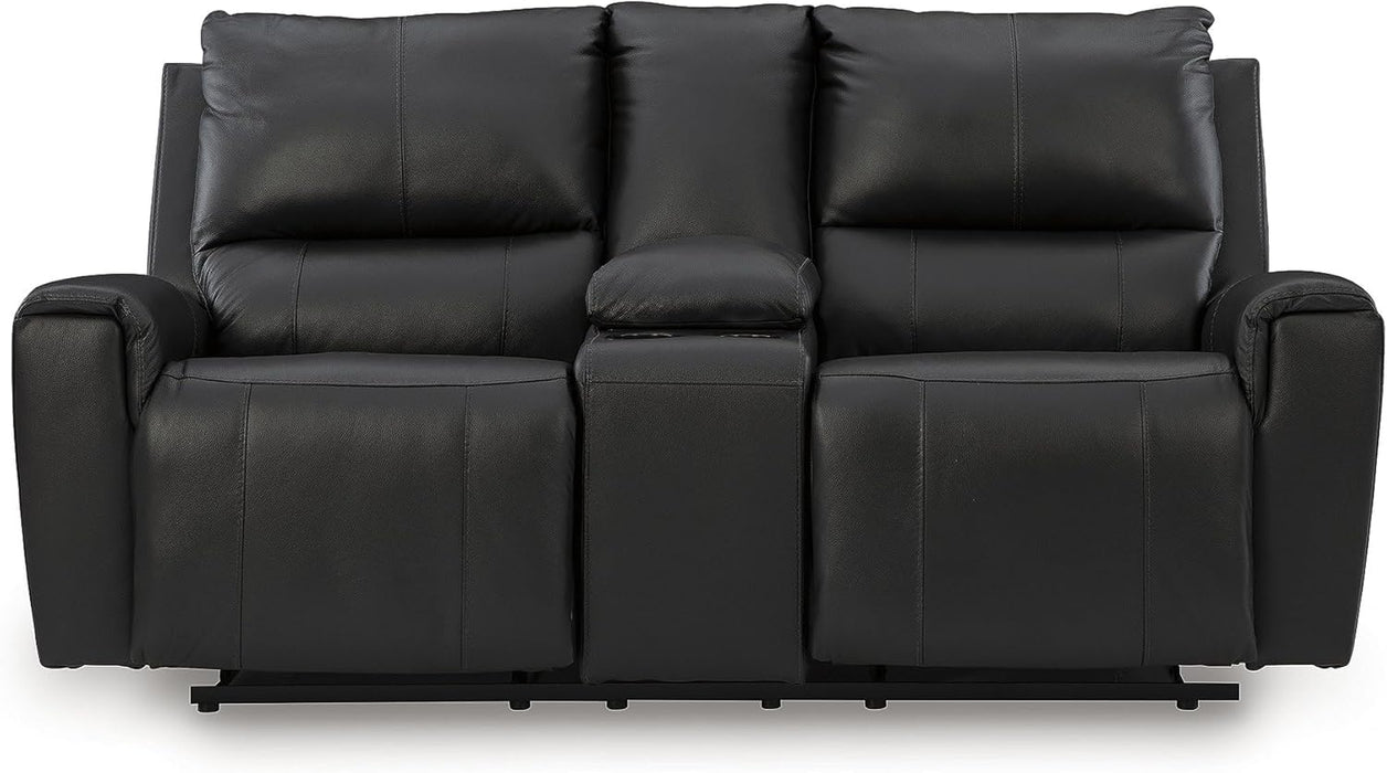 Glassmere Contemporary Leather Match Reclining Loveseat with Console, 2 Cup Holders and Storage, Black