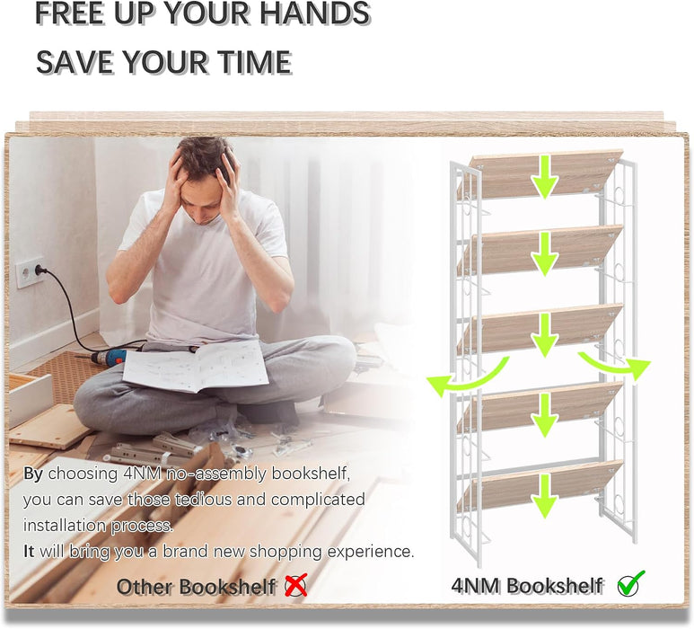 No Assembly 5 Tiers Folding Bookshelf, 59.4" H Foldable Storage Shelves Vintage Bookcase Standing Racks Study Organizer Home Office - Natural White