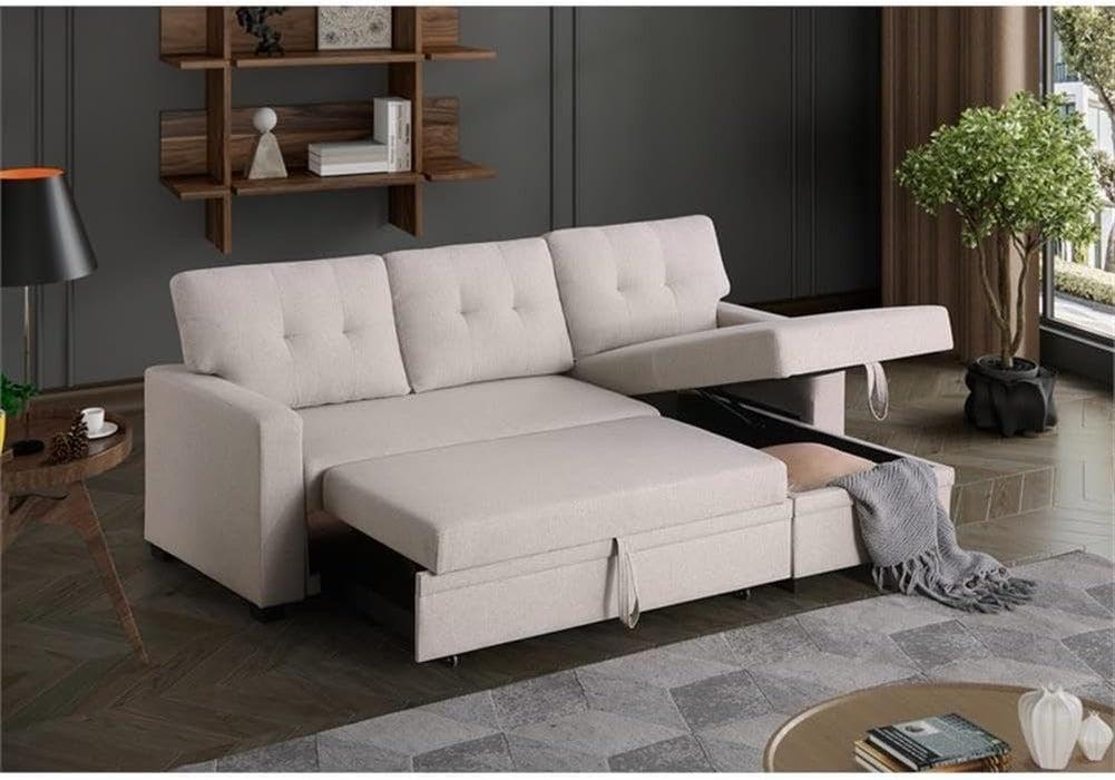 Beige L Shaped Convertible Sleeper Sectional Couch