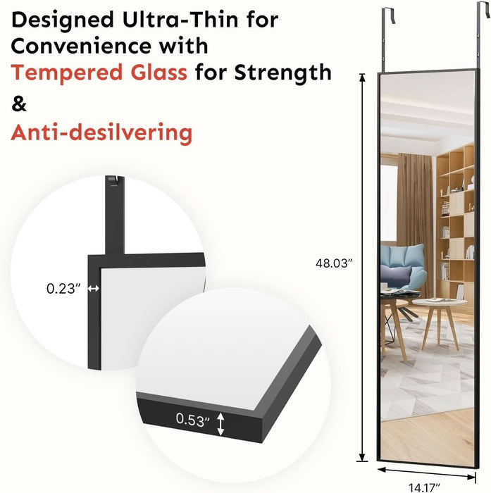 48X14 Inch Full Length Tempered Glass Door Mirror - over the Door Hanging, No Drill Installation, Suitable for Bedroom & Closet, Sturdy Hanging Design