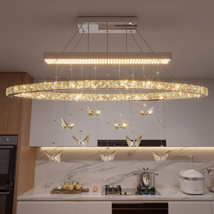 32 Inch Silver Crystal Butterfly Chandelier, Adjustable Hanging Linear Chandeliers, Oval Rings Chandelier for Dining Room, Living Room, Foyer
