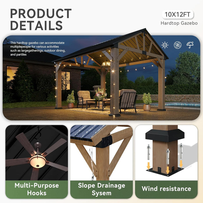 10' X 12' Outdoor Wood Gazebo, Hardtop Gazebo Permanent Wooden Pavilion with Gable Galvanized Steel Roof for Patio, Garden, Backyard, Natural