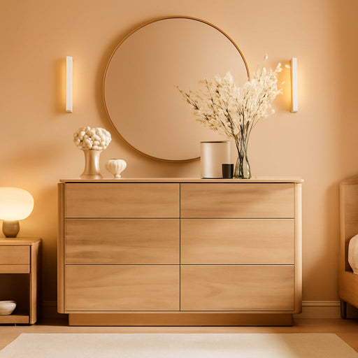 Modern 6 Drawer Dresser for Bedroom, 52" Wide Wooden Dressers with Large Storage,Handleless Chest of Drawers TV Stand for Living Room & Hallway, Curved Profile Design,Natural Oak