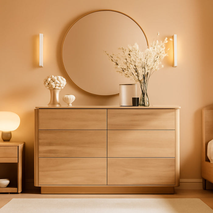 Modern 6 Drawer Dresser for Bedroom, 52" Wide Wooden Dressers with Large Storage,Handleless Chest of Drawers TV Stand for Living Room & Hallway, Curved Profile Design,Natural Oak