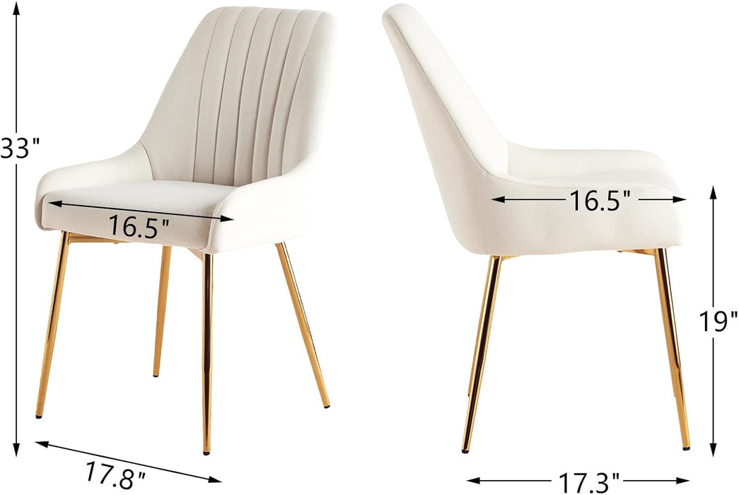Velvet Dining Chairs Set of 2, Modern Dining Room Chairs with Gold Metal Legs, Upholstered Kitchen Armless Chairs,Comfy Vanity Chairs for Living Room -White