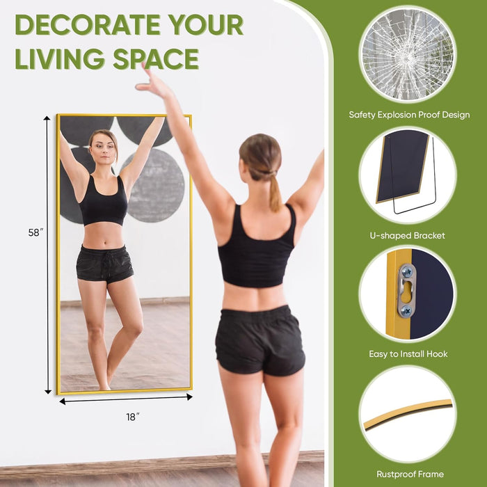 Full-Length Floor Mirror with Stand, 58"X18" Rectangle Style Full Body Standing Mirror for Bedroom, Living Room, Gym, Dorm - Shatter-Resistant & Easy Assembly, Gold