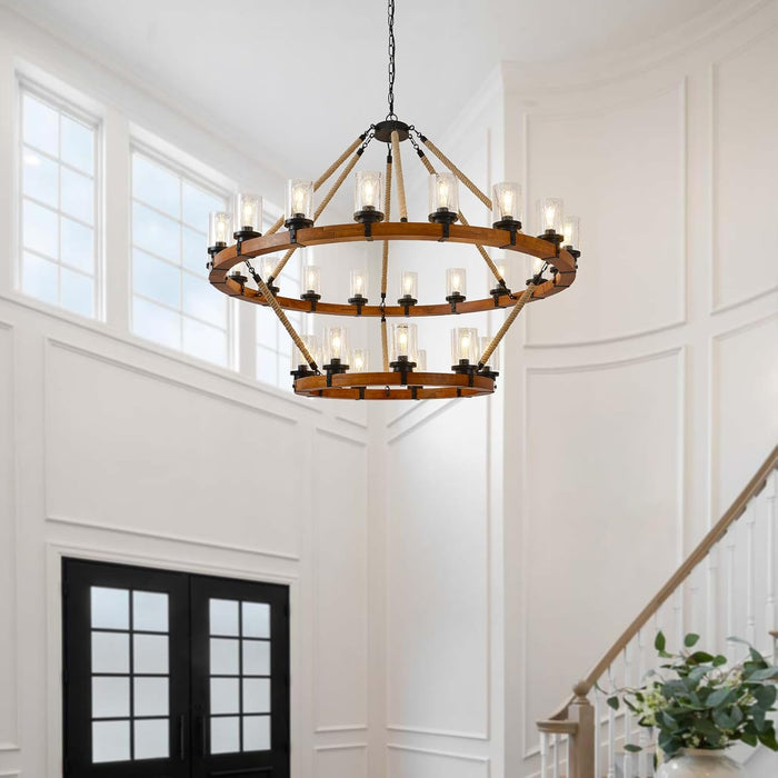 60" 2-Tier Wagon Wheel Chandelier 27-Light Extra Large Wood Chandeliers