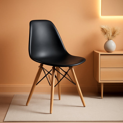 Elon Series Plastic Modern Dining Chair with Wooden Legs, Mid-Century Side Chair for Dining Rooms and Offices, Black