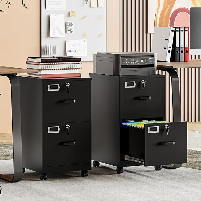 2 Drawer File Cabinet with Lock, Vertical Metal Filing Cabinets for Home Office, Lockable Storage File Cabinets under Desk, A4/Letter File Folders(Black)-Assembly Required