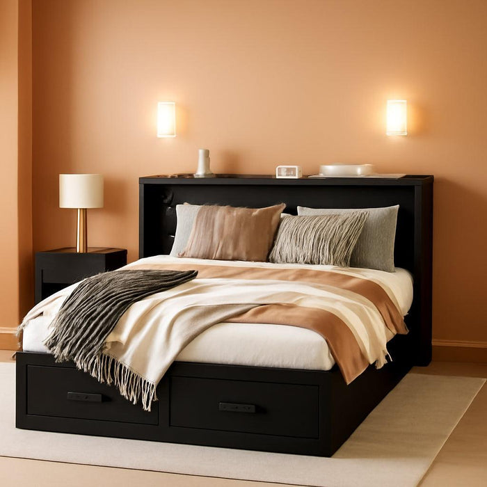 Full Size Murphy Chest Bed with Drawer and Charging Station, Farmhouse Wood Space-Saving Hidden Folding Bed Chest, Multifunctional Storage Cabinet Beds for Bedroom, Office, Black