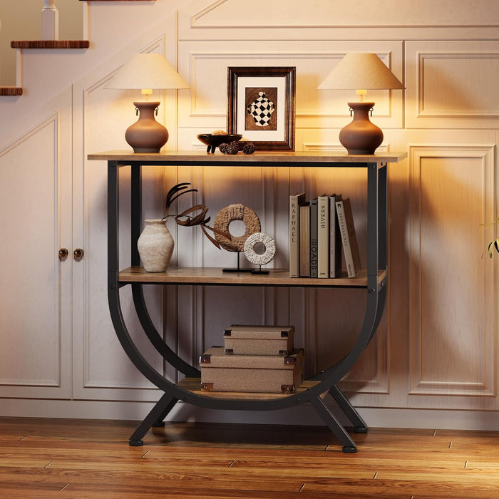 3 Tier Console Table with Storage 30" Height Entryway Table with Open Shelves Industrial Sofa Table behind Couch for Living Room Hallway Entrance (Rustic Brown)