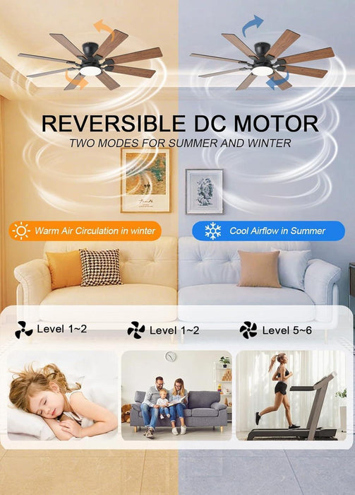 52 Inch Ceiling Fan with Light, 6 Speeds Reversible Low Profile Ceiling Fan with Light and Remote/App Control, 3 Color Temp+Dimmable RGB, 8 Blades, Flush Mount Quiet Ceiling Fans, Brown