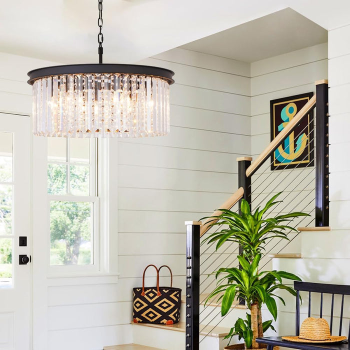 Modern Black Crystal Chandelier, 20" Small Pendant Lighting Fixture | Contemporary Ceiling Lights Fixtures Mini Chandelier 8 Lights for Dining Room Living Room Kitchen Hallway