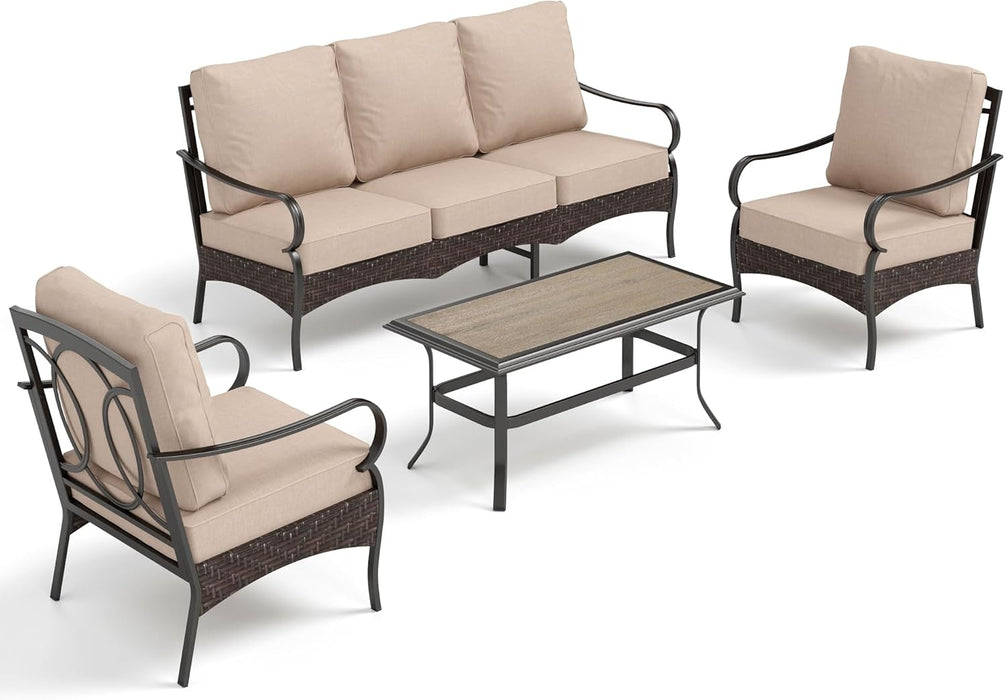 Outdoor Modern Patio Furniture Set, Upgraded Wicker&Metal Patio Furniture Conversation Set with Waterproof Thick Cushions for Porch, Poolside, Deck, and Yard (4 Pieces,Beige)