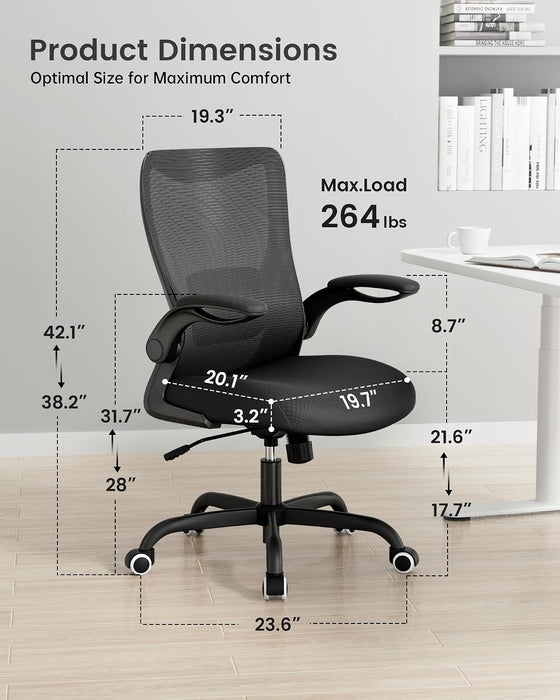 Office Chair, Ergonomic Desk Chair with Adjustable Lumbar Support and Flip up Armrest, Breathable Mesh Computer Chair for Home Office, Black