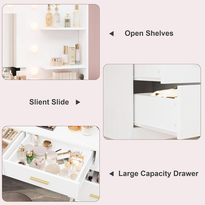 61" Vanity Desk with Mirror & Lights, White Makeup Dressing Table with 8 Drawers & 2 Shelves, 3 Lighting Modes with Adjustable Brightness for Bedroom, White