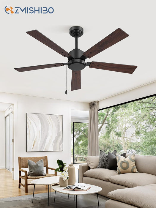 52 Inch Ceiling Fan No Light with Pull Chain, Modern Ceiling Fan without Lights, 6-Speeds, Quiet DC Motor, Remote Control, Black Ceiling Fan for Bedroom, Living Room, Indoor/Outdoor Use