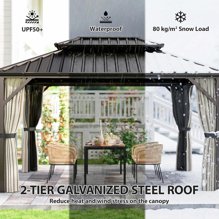 10' X 14' Hardtop Gazebo with UPF50+ Double Galvanized Steel Roof Canopy, Aluminum Frame Permanent Outdoor Gazebo with Curtains and Netting, Ceiling Hooks, Brown