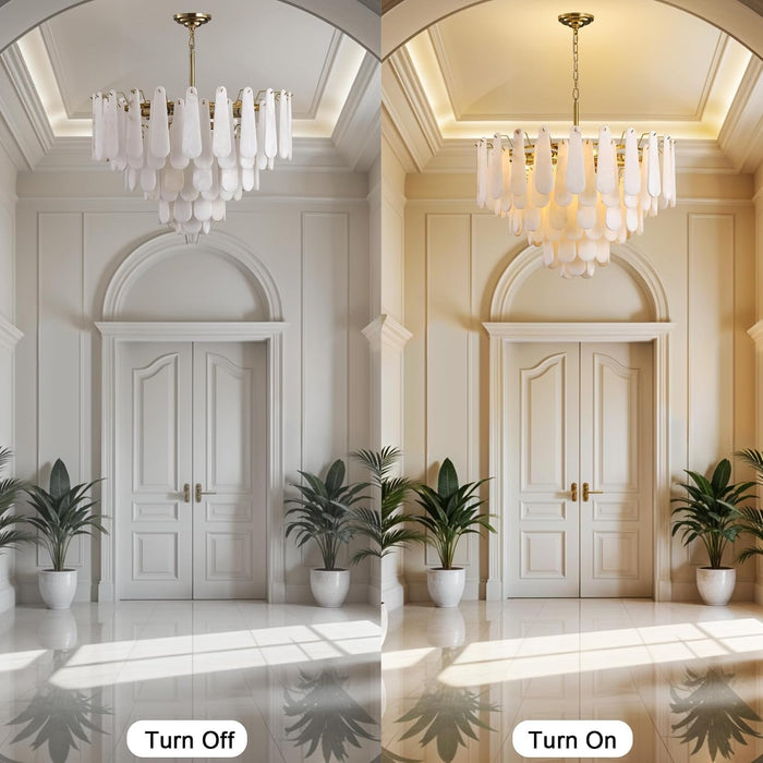 Alabaster Chandelier, D31.5 in Modern Feathery round Chandelier, 6-Tiers Luxury Large White Marble Brass Chandeliers for Dining Room Bedroom Foyer Living Room Entryway