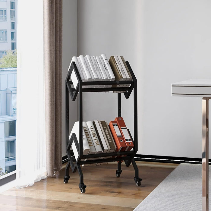Bookshelf Book Rack Industrial Metal Bookcase 2 Tier Holder with Wheels Modern Stylish Design Magazines Files Album Recipe Book Storage Organizer for Sofa End Bed Beside