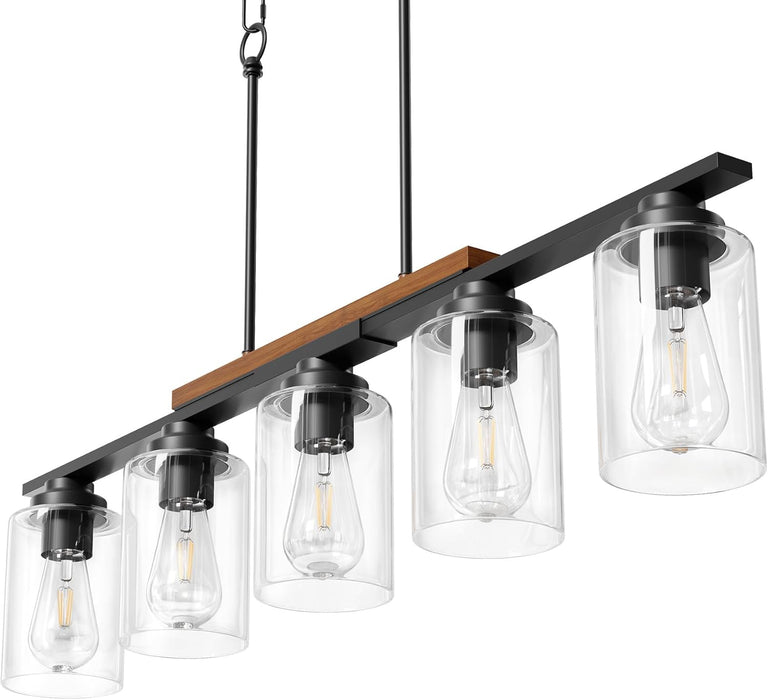 Dining Room Light Fixture over Table, 5-Light Kitchen Island Lighting with Glass Shade and Adjustable Rods, Farmhouse Linear Chandelier Pendant Light for Kitchen Living Room, Matte Black