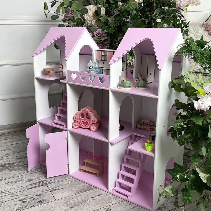 Dollhouse Large Wooden, Balcony, Lovely Playhouse with Stairs and Ladder with 3 Floors, 8 Rooms. Gift for Little Girls, Dollhouse Kit