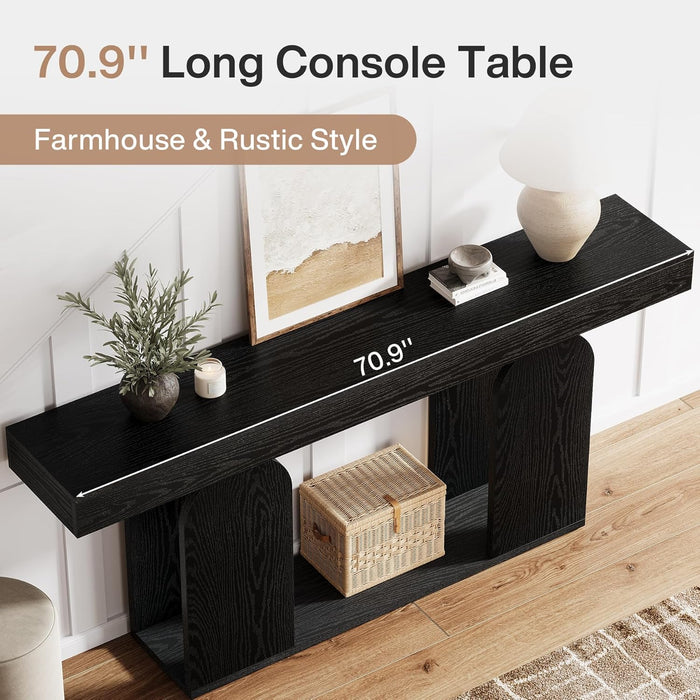 70.9-Inch Extra Long Sofa Table, Farmhouse Console Tables with Wood Frame and Storage Shelf, 2-Tier Wood Table behind Couch for Living Room, Hallway, Foyer, Black