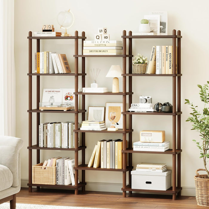Wooden Triple Wide Bookshelf, 5-Tier Large Open Bookcase, Walnut