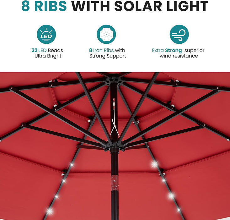 10Ft Solar Patio Umbrella with 32 LED Lights, Table Market Umbrella with Tilt Adjustment & Crank Lift, Outdoor Sun Shelter for Garden, Deck, Backyard, Pool and Beach