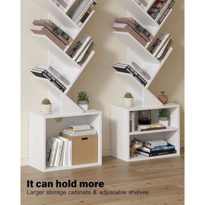 6 Tier Tree Bookshelf, Tall Bookcase with Storage Cabinet, Modern Narrow Bookshelves Organizer, Floor Standing Book Shelf for Bedroom/Living Room/Home Office/Corner, White