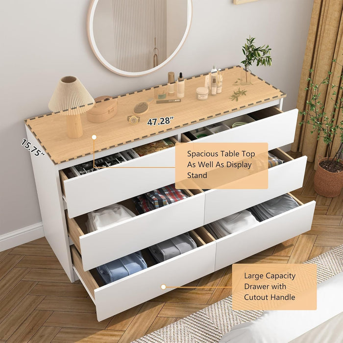 White FortySevenInch SixDrawerStorage DresserWoodTop