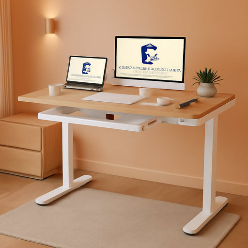 Comhar Electric Standing Desk with Drawers Charging USB Port, Height Adjustable 48" Whole-Piece Quick Install Home Office Computer Laptop Table with Storage (Maple Top + White Frame)