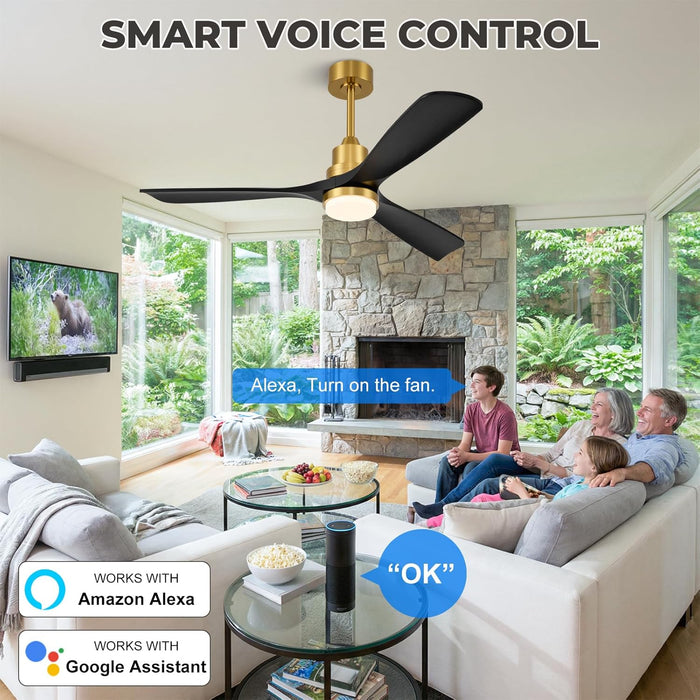 52 Inch Smart Ceiling Fan with Lights,Outdoor Ceiling Fan 3 Wood Blades Compatible with Alexa/Gg Voice Control&App&Remote,Quiet DC Motor for Covered Patio Porch Bedroom,Black and Gold