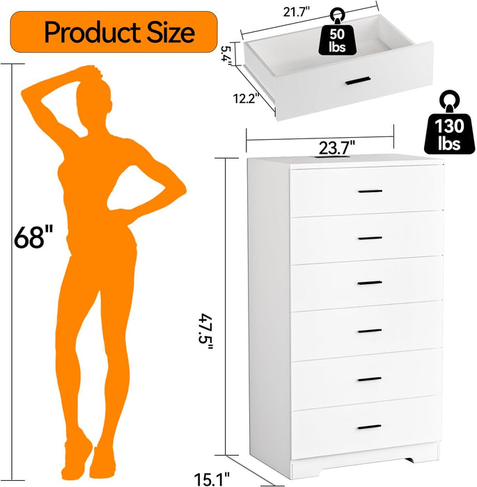 48" Tall Dresser for Bedroom Chest of Drawers with Power Outlets Wood 6 Drawers Dresser with Large Storage Space and Metal Handles Modern Closet Storage Drawer for Living Room Hallway White
