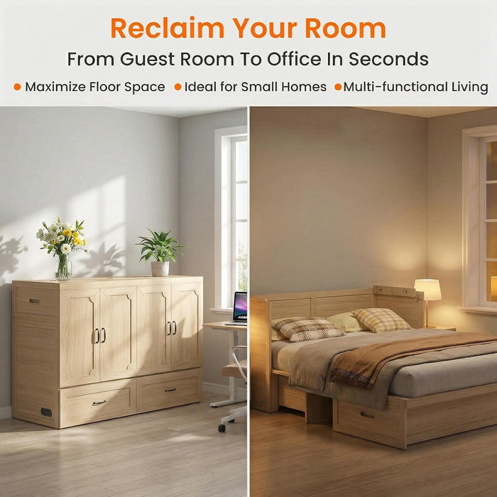Queen Murphy Bed With Mattress NaturalWood Storage