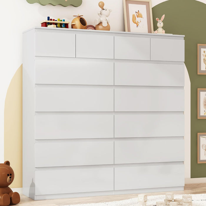 59" W 59" H White Bedroom Dresser, 14 Drawer Large Tall Chest of Drawers