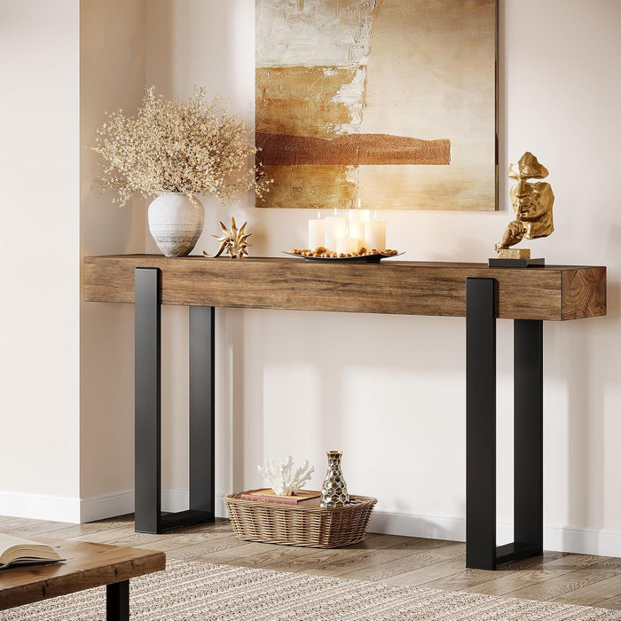 63-Inch Long Console Table, Solid Wood Sofa Table behind the Couch with Metal Support, Farmhouse Entryway Furniture for Entrance, Hallway, Living Room, Rustic Brown & Black