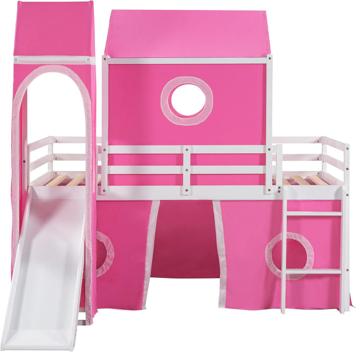 Twin over Twin House Bunk Bed, Kids Playhouse Bed, Solid Wood Bunk Bed Frame with Slide Pink Tent and Tower, for Girls and Boys, Pink